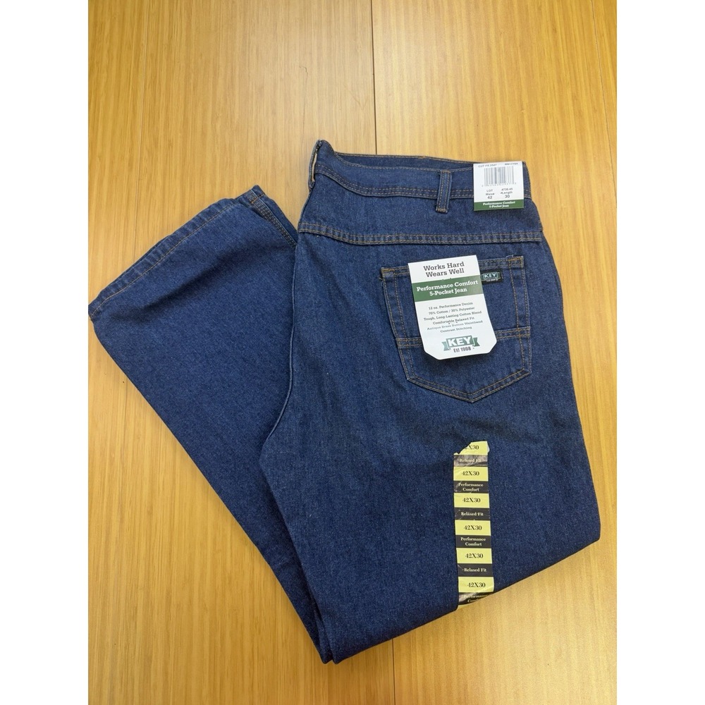 New Men's Key Jeans 5 Pocket Performance Comfort Relaxed Fit Denim 42 X 30 Blue